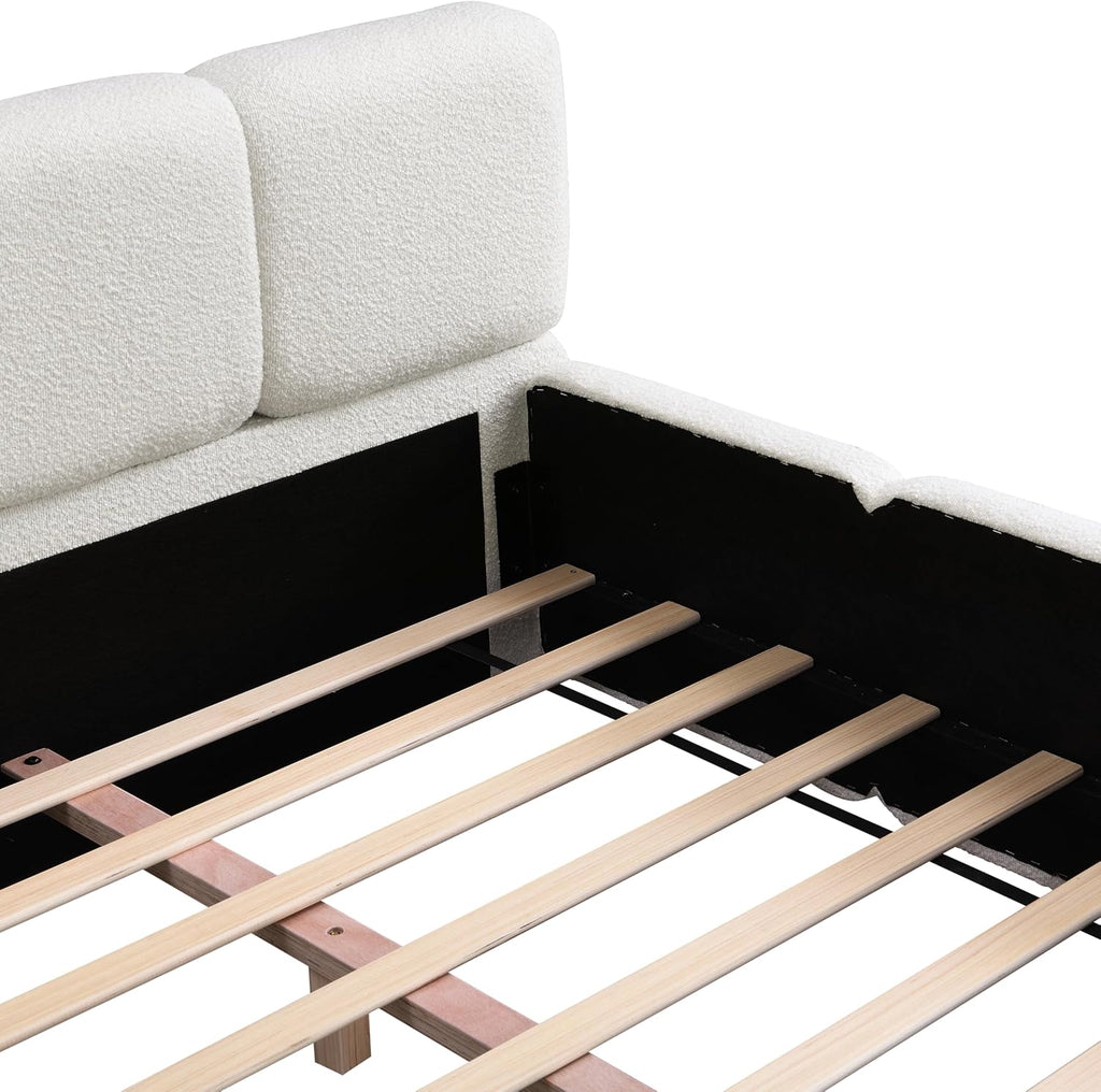 Christopher Knight Home Hazel California King Size Platform Bed, Boucle Thick Headboard and Footboard, Upholstery Grounded Beds, Wood Slat Panel Support, No Spring Box Needed, Easy Assembly, White
