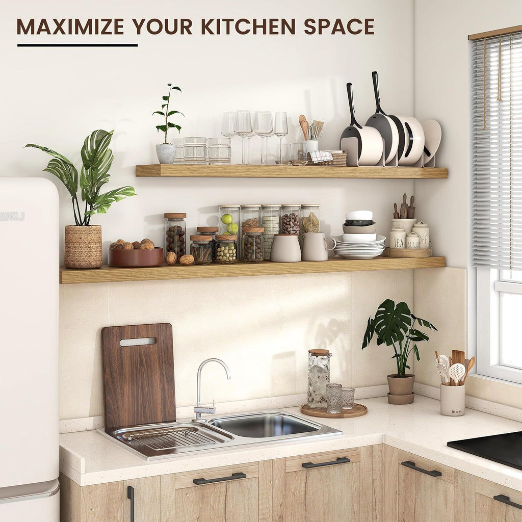 Venusmiles Floating Shelves for Wall, Engineered Wood Wall Shelves with Invisible Brackets for Living Room Bedroom Bathroom Office Kitchen Decor and Storage (Oak, 72' W x 9' D x 1.5' H) Set of 1