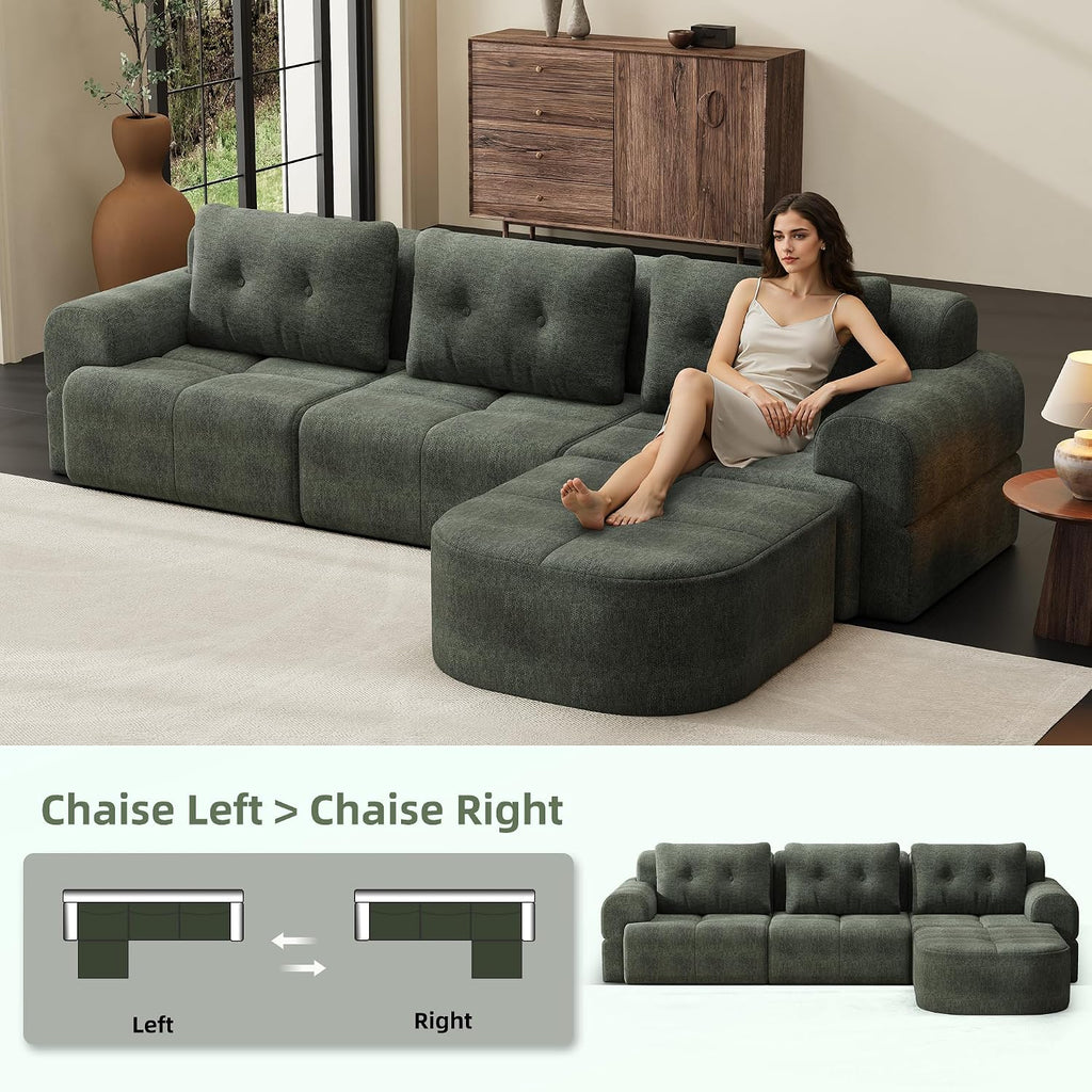 112' Compressed Boneless Sectional Sofa with Movable Ottoman Convertible L Shaped Modular Corner Couch for Living Room - Oversized Cloud Couches W/Tufted Cushions and Deep Seat