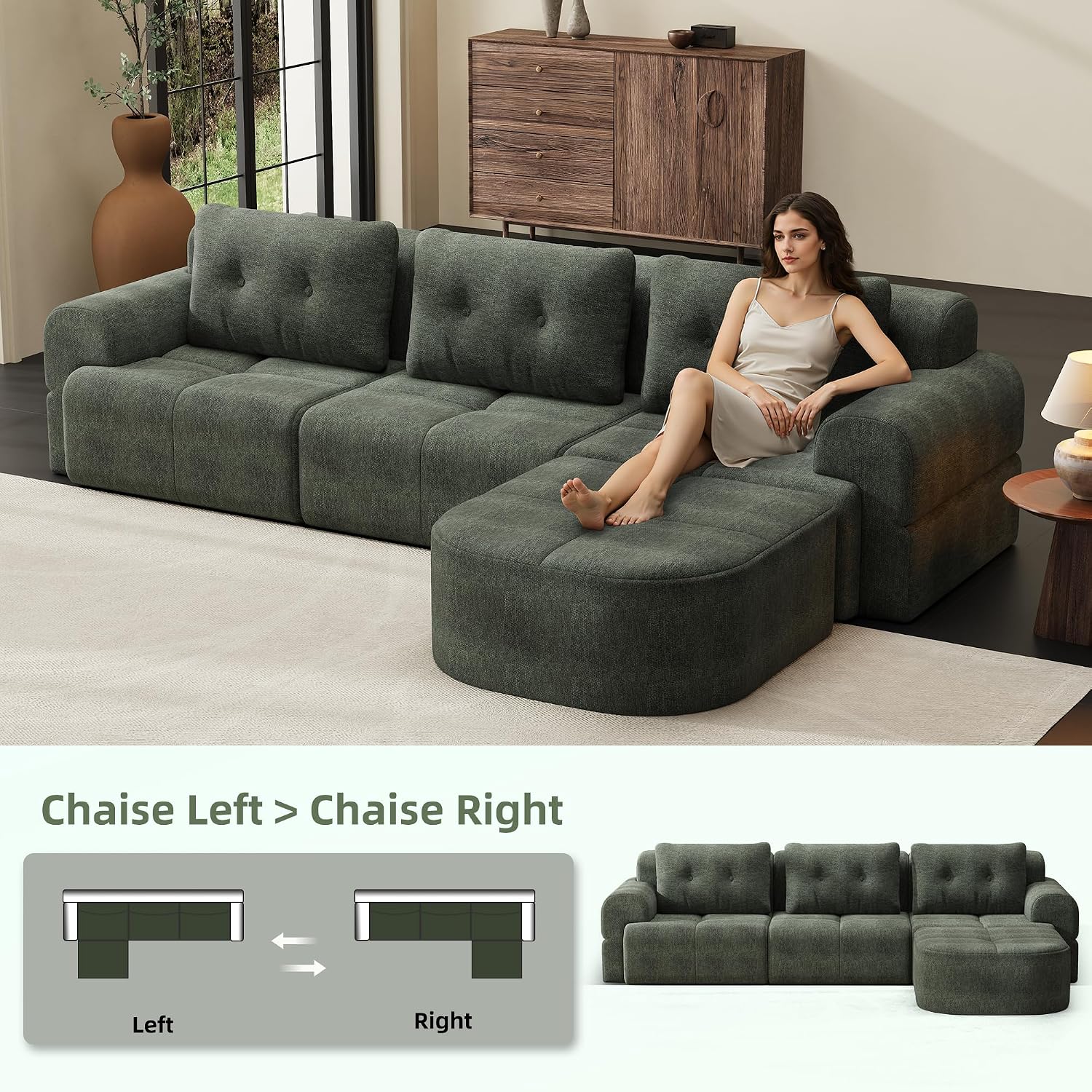112' Compressed Boneless Sectional Sofa with Movable Ottoman Convertible L Shaped Modular Corner Couch for Living Room - Oversized Cloud Couches W/Tufted Cushions and Deep Seat