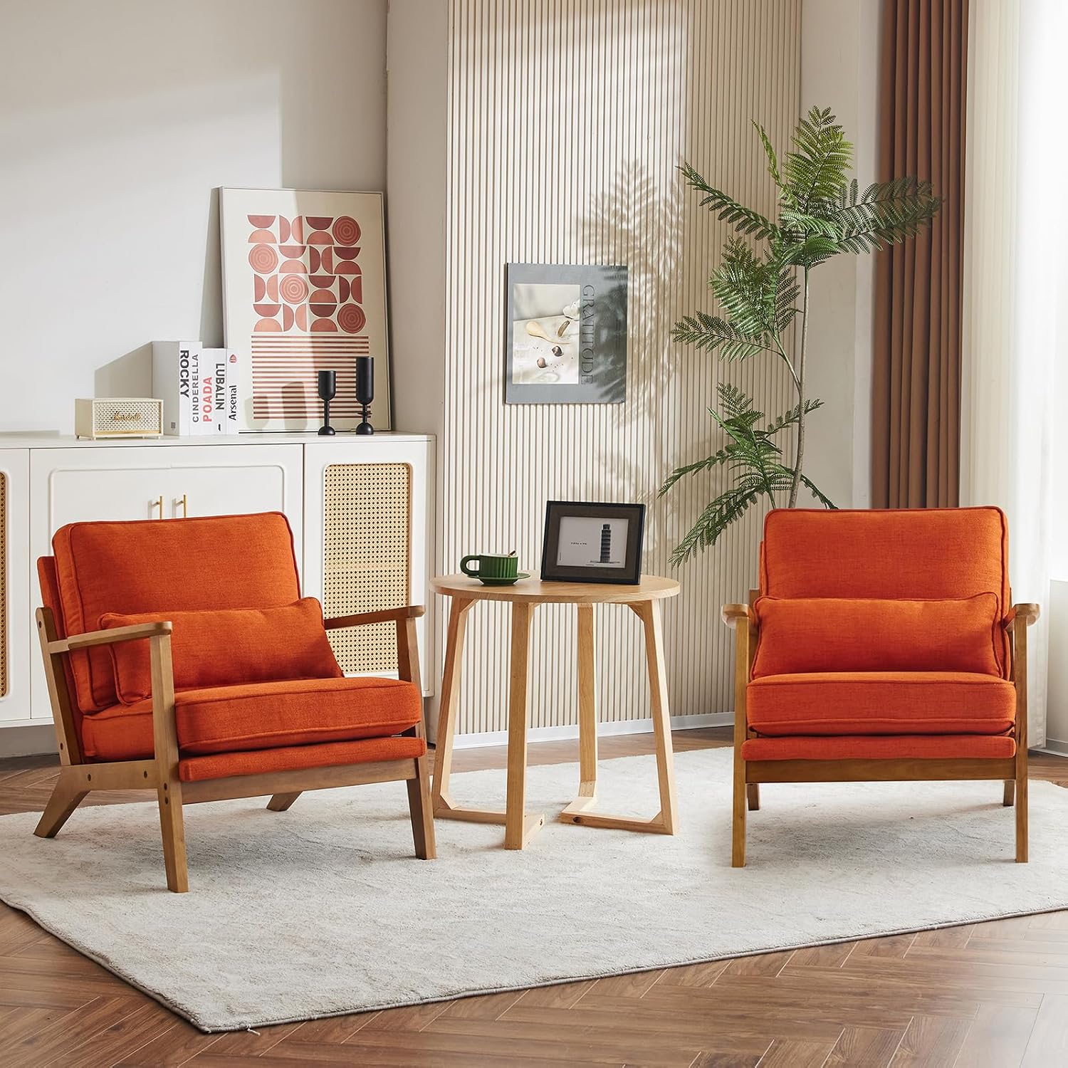 Karl home Accent Chair Wide Armrest Mid-Century Lounge Chair Linen Fabric Armchair with Lumbar Pillow & Solid Wood Frame for Living Room, Bedroom, Balcony, Burnt Orange