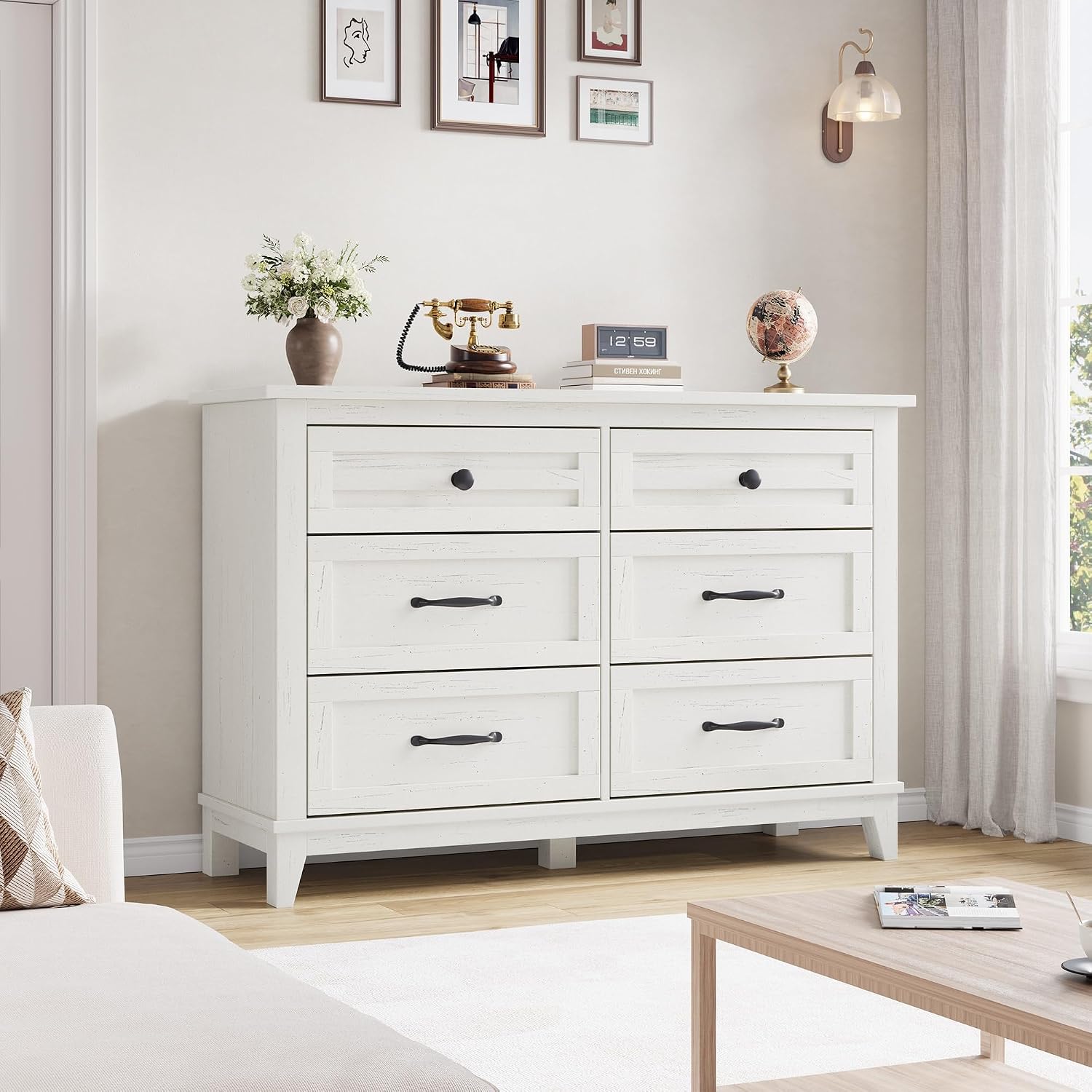 GarveeHome 6 Dresser for Bedroom, 47 in Wide Drawer Dresser with Storage Freestanding, Wooden Closet Storage Chest for Living Room, Bedroom, Entryway, Ash White