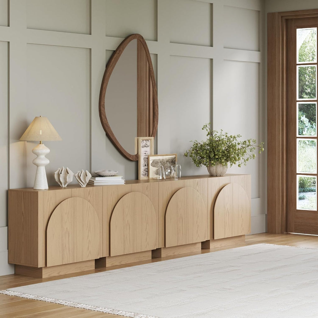Nathan James Iris Mid-Century Modern Credenza, Light Brown TV Stand, Living Room Wood Storage Cabinet with Arched Cabinet Doors, White Oak, Set of 4