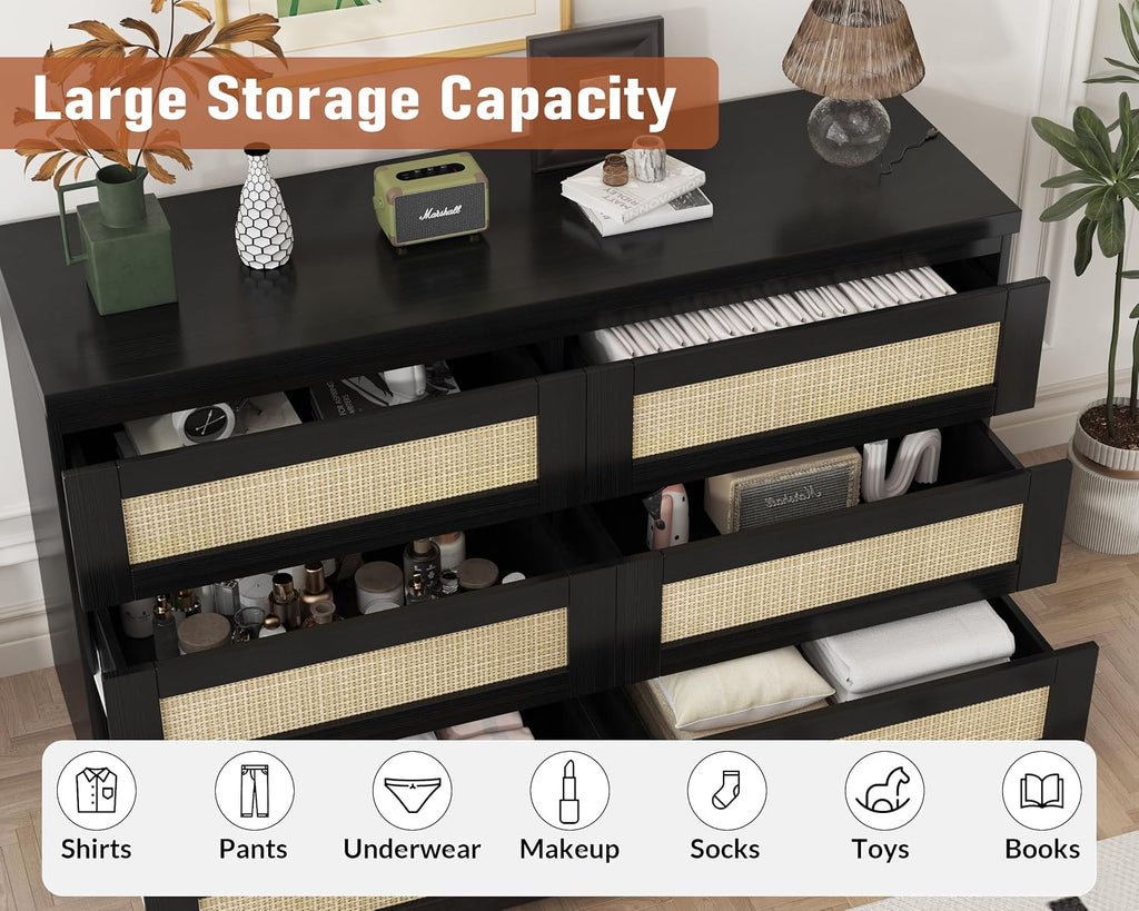 Patikuin Rattan Dresser for Bedroom, Modern 6 Drawer Dresser, Wide Chest of Drawers with Anti-Tip Kit & Smooth Slide Rail, Wood Storage Dressers for Closet, Hallway, Living Room, Black