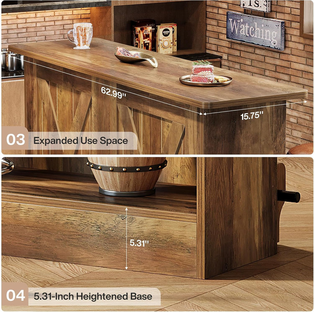 63-Inch Bar Table, 2-Tier Bar Cabinet Height Pub Table with Footrest, Modern Coffee Cabinet for Home Kitchen, Large Home Unit Liquor Furniture, Bistro, Dining Room, Living Room