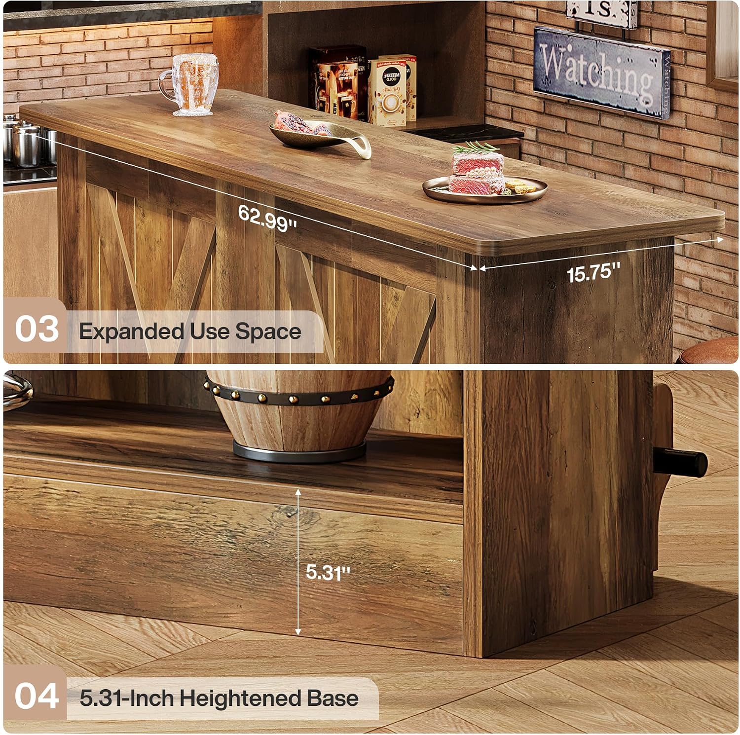 63-Inch Bar Table, 2-Tier Bar Cabinet Height Pub Table with Footrest, Modern Coffee Cabinet for Home Kitchen, Large Home Unit Liquor Furniture, Bistro, Dining Room, Living Room