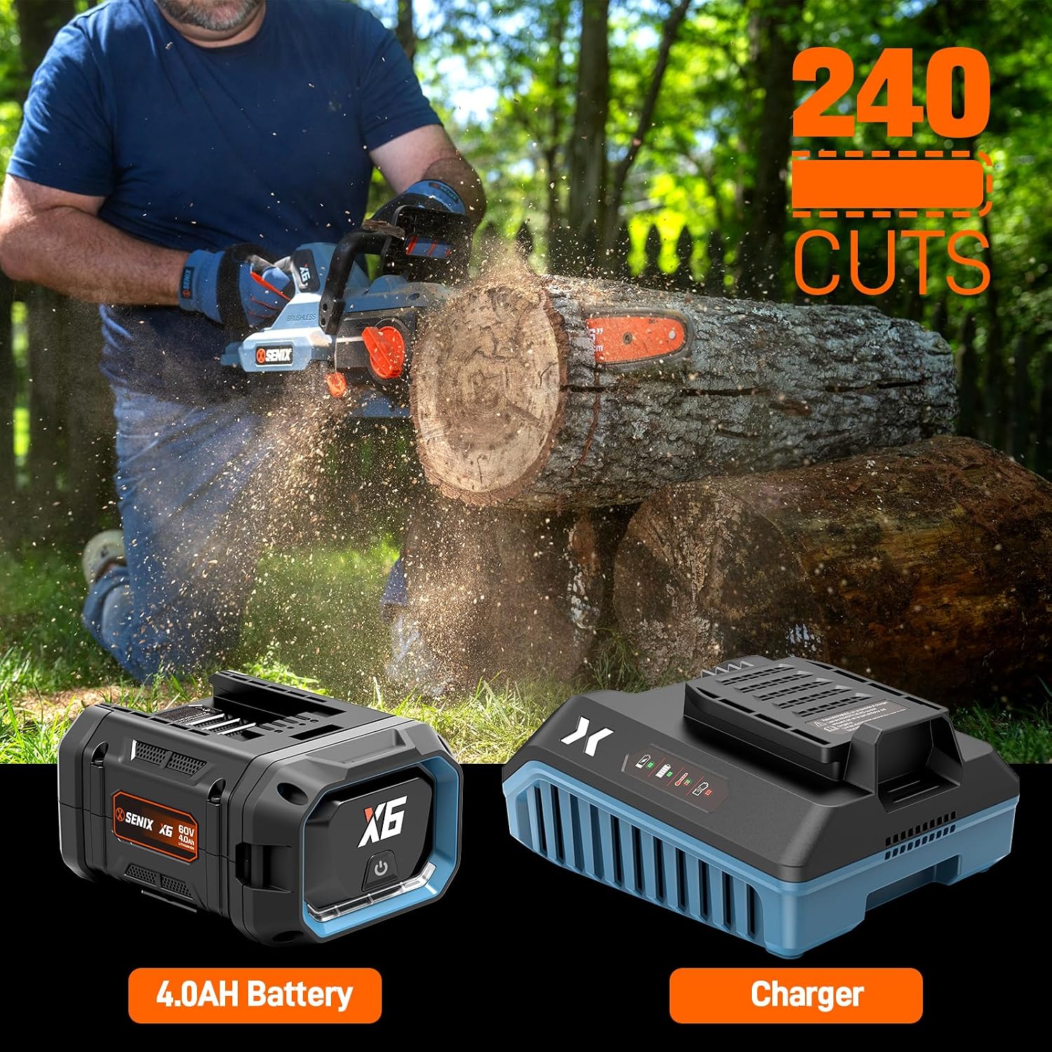 SENIX Chainsaw|60V 16' Battery Chainsaw|Brushless Electric Chainsaws|Cordless Chain Saw with 4Ah Battery & Charger|Garden Tool for Trees, Pruning, Branch Trimming, Best Gifts for Man, CSX6-M