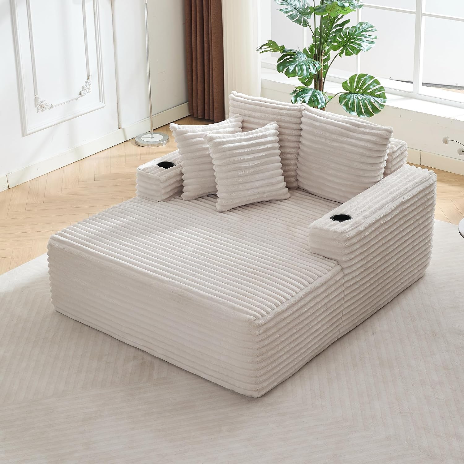 GarveeHome 64in Oversized Corduroy Fabric Bone-Free Sofa Bed Cloud Sofa with Cup Holders and Pillows Comfortable Deep-Seat Sleeping Sofa Chair Suitable for Apartments, Living Rooms, Bedrooms - Beige