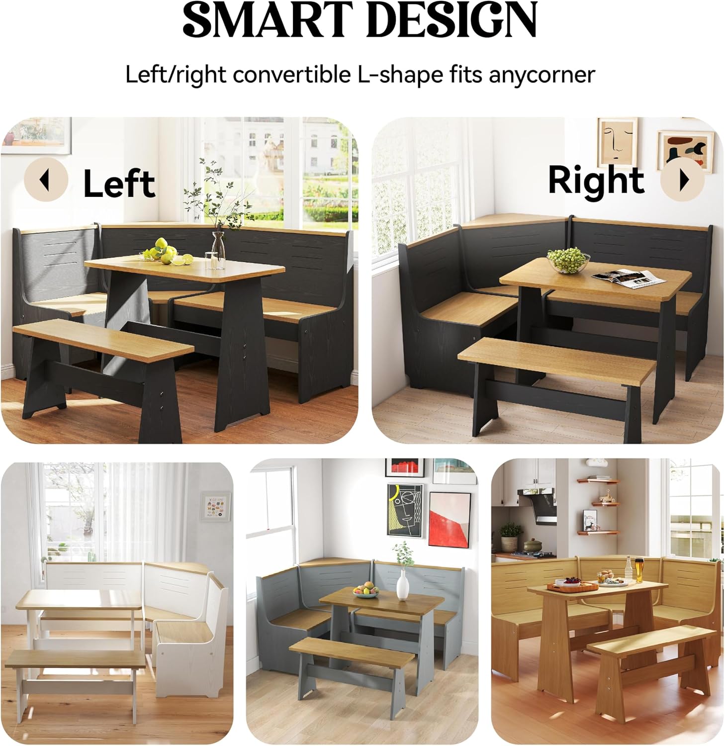 Breakfast Nook Corner Dining Table Kitchen Bench Chair Set, Space-Saving 3-5 People Seat Reversible L-Shape for Family Home White Wood
