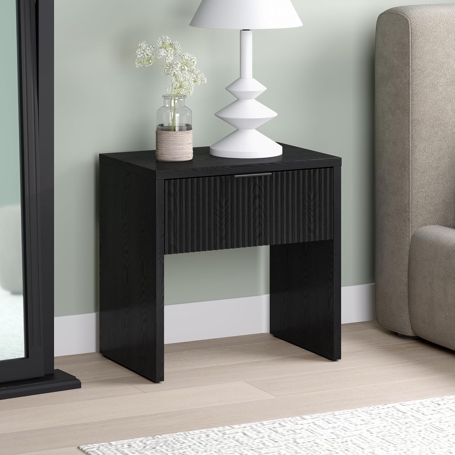 Henn&Hart 24' Fluted Modern Wooden Nightstand, Ribbed Side Table with Storage Drawer and Open Storage Space for Bedroom, Living Room, or Home Office, Natural Black