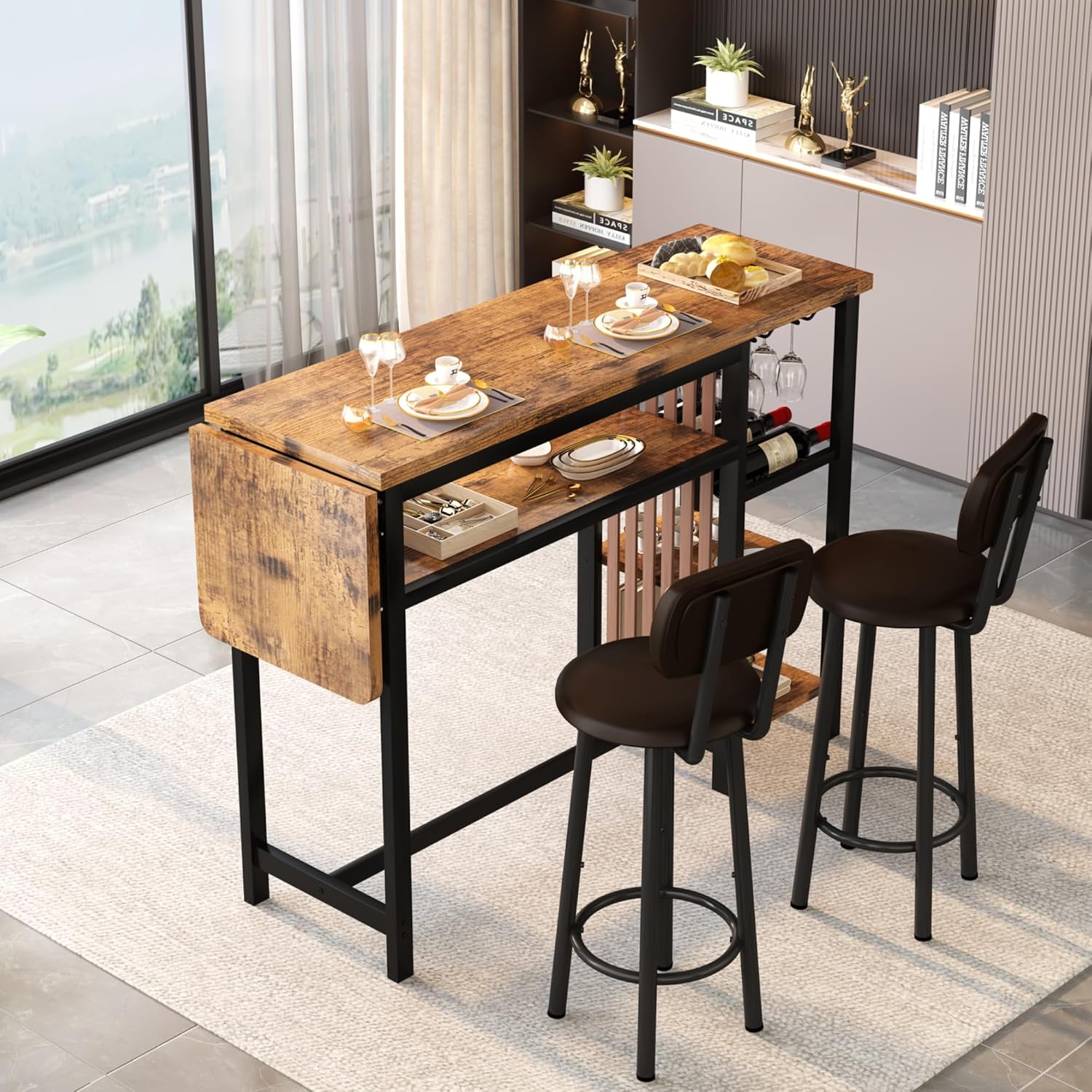 Recaceik Bar Dining Table Set, 59' Expandable Kitchen Counter Height Dining Table Set with Storage Shelves, Cup Holder & Wine Rack, PU Upholstered Stools Bar Table Set with Backrest for Kitchen
