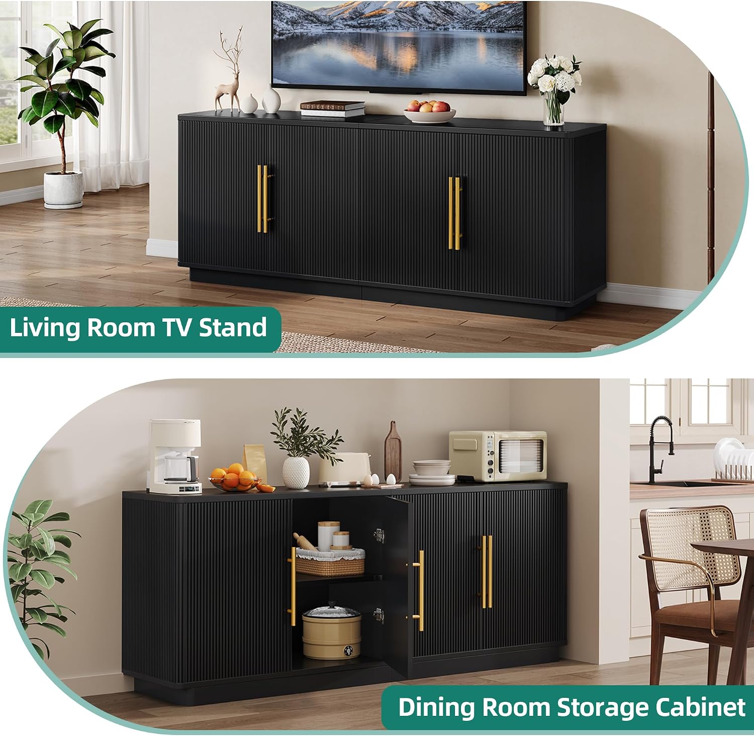 YITAHOME TV Stand for TVs up to 80 Inches, Media Console with 4 Fluted Doors, 70' Entertainment Center with Ample Storage for Living Room(Black Oak)