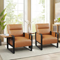 Brown PU Leather Accent Chairs Set of 2 with Side Table Modern Upholstered Armchair Leisure Side Chairs for Living Room Bedroom Office