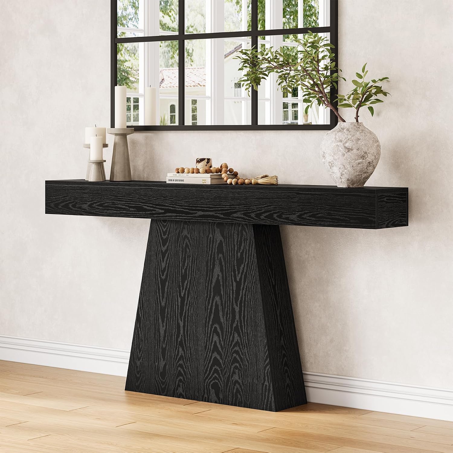 LITTLE TREE 63' Entryway Table, Modern Black Wooden Console Table with Trapezoidal Base for Living Room, Entrance, Hallway, Foyer, Behind the Couch