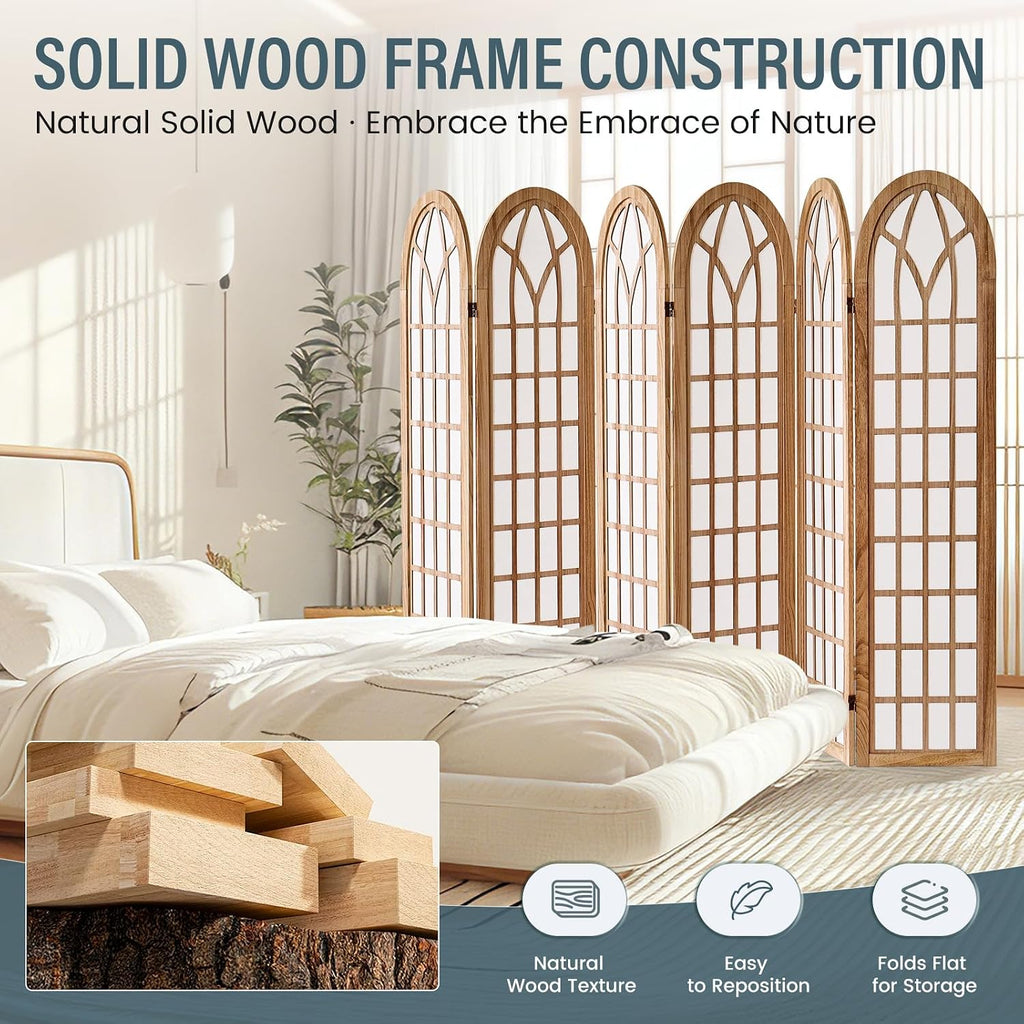 6 Panel Room Divider Wall Shoji Screen, Japanese Wood Room Divider for Room Separation, Folding Privacy Screen, Portable Room Partition for Home Office Restaurant - Natural
