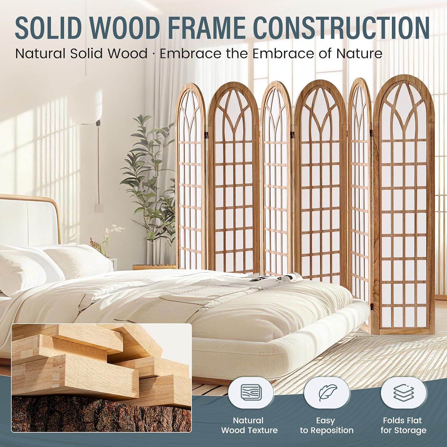 6 Panel Room Divider Wall Shoji Screen, Japanese Wood Room Divider for Room Separation, Folding Privacy Screen, Portable Room Partition for Home Office Restaurant - Natural