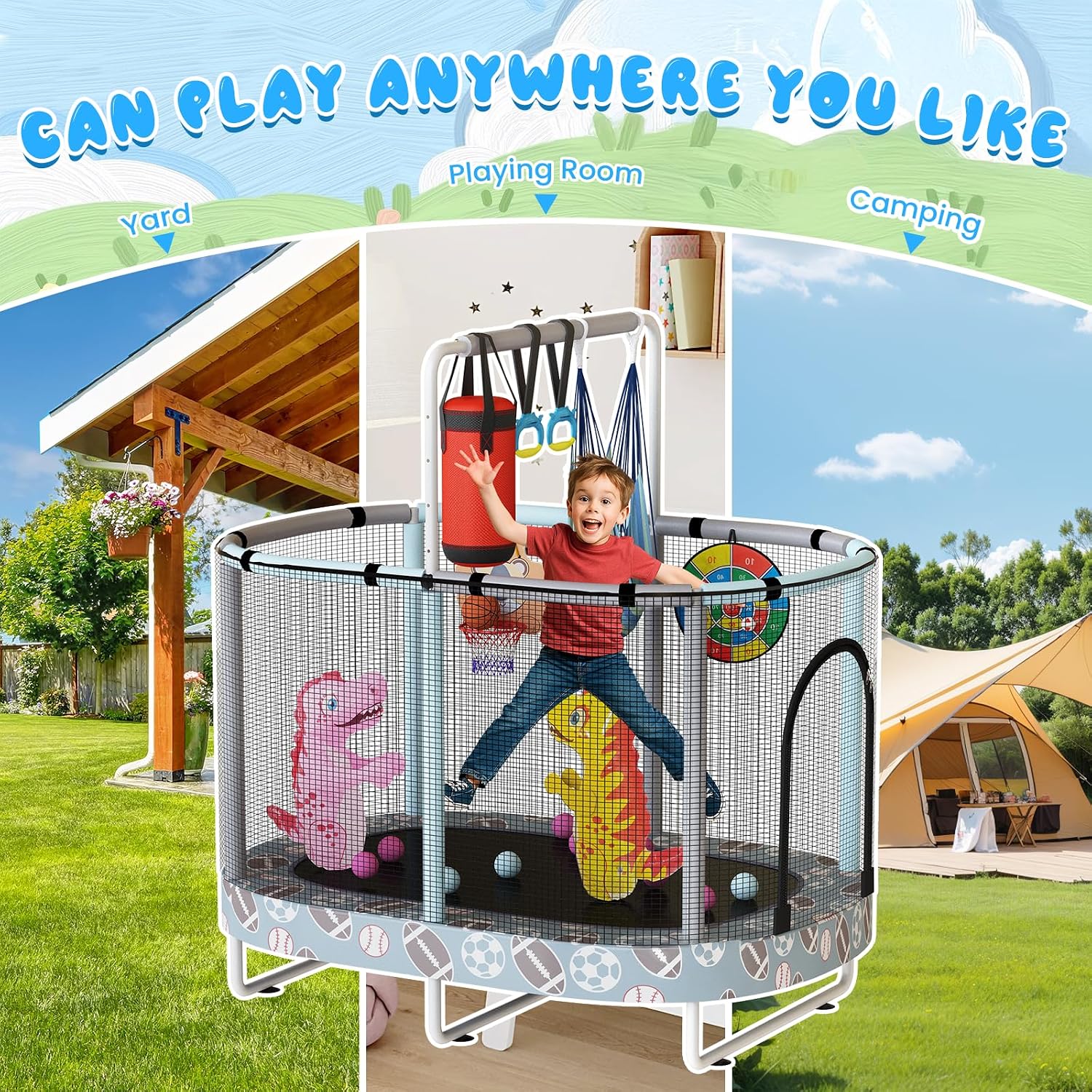 LAMERGE 55' 7-in-1 Round Trampoline for Kids Boys & Girls Ages 1-8, Indoor & Outdoor Trampoline for Fun, Adjustable Height Handrail ＆ Enclosed Safety Net ＆ Durable Designs for Toddlers Children