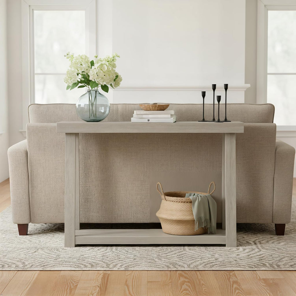 Plank+Beam Classic 46 Inch Console Table with Shelf, Solid Pine Wood Entryway Table with Storage, Narrow Sofa Table for Hallway, Seashell