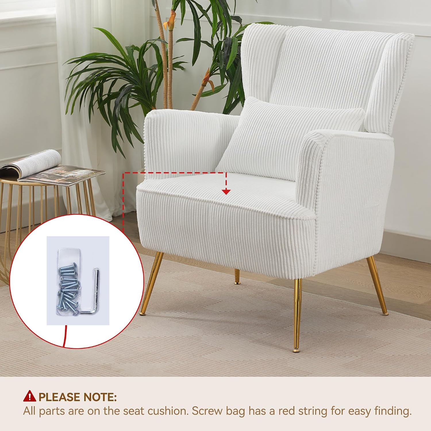 WUTUTUEE Corduroy Accent Living Room Arm Chair with Pillow & Golden Legs, 8.5' Thick Cushion, Mid Century Modern Wingback Chairs Upholstered Comfy Sofa Armchair for Reading Room/Bedroom, White
