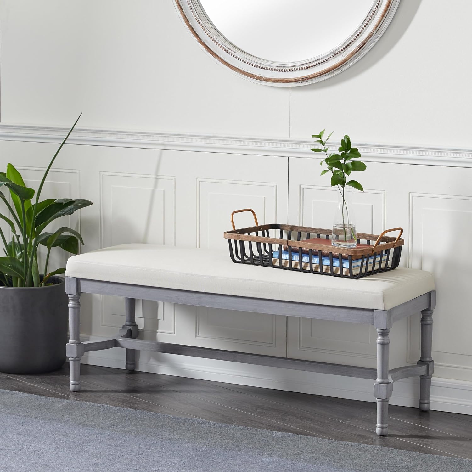 Deco 79 Wood Home Bench Entryway Bench with Burlap Seat, Bedroom Bench 47' x 16' x 18', Gray