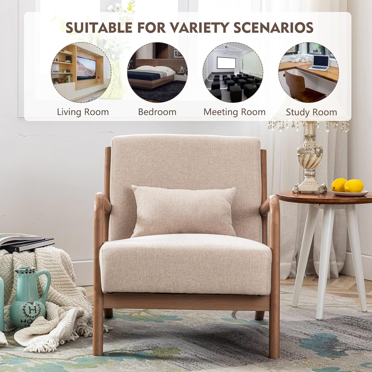 ANJ Mid Century Modern Accent Chairs Set of 2, Single Fabric Lounge Reading Armchair with Solid Wood Frame, Easy Assembly Arm Chairs for Living Room Beige 2