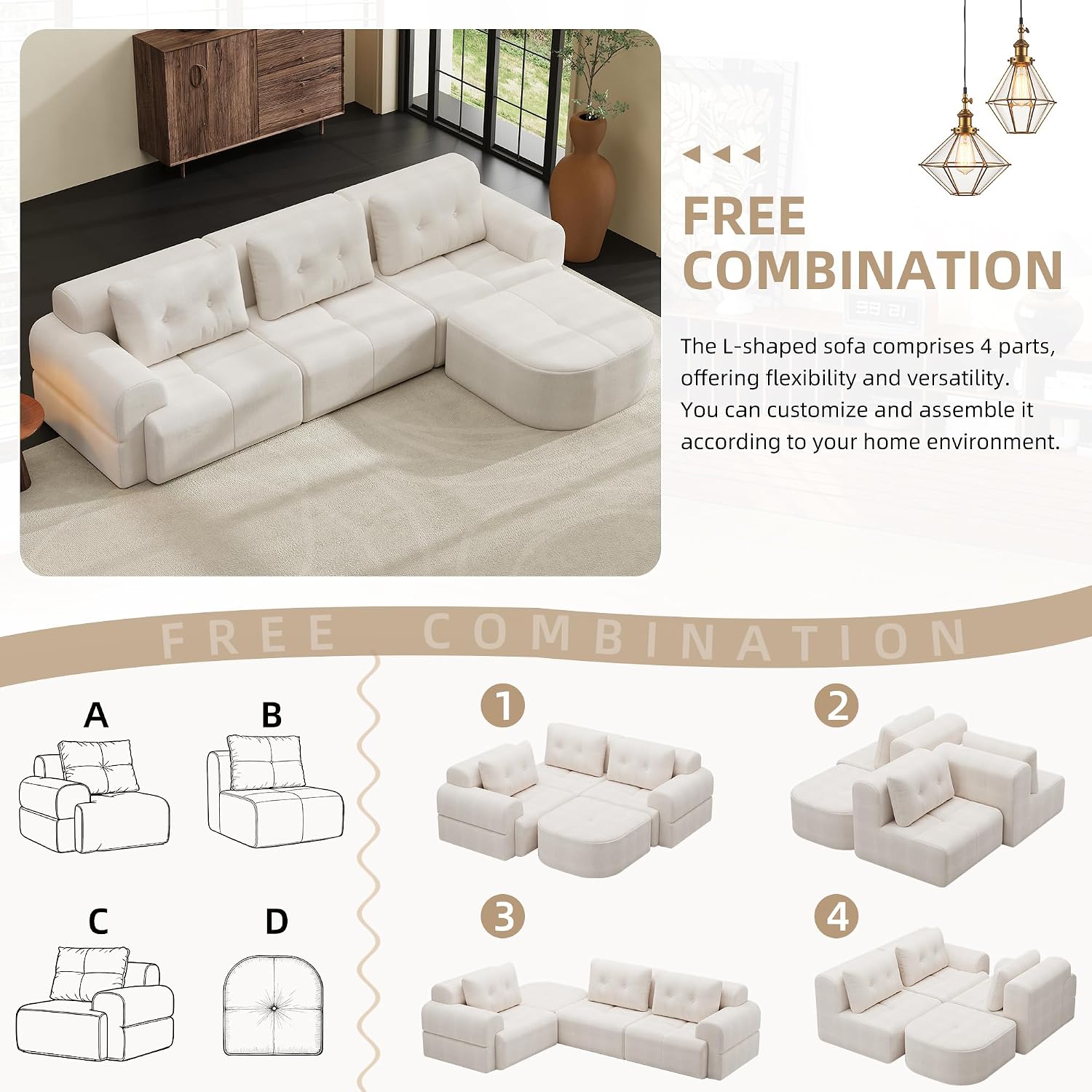 112' Compressed Boneless Sectional Sofa with Movable Ottoman Convertible L Shaped Modular Corner Couch for Living Room - Oversized Cloud Couches W/Tufted Cushions and Deep Seat