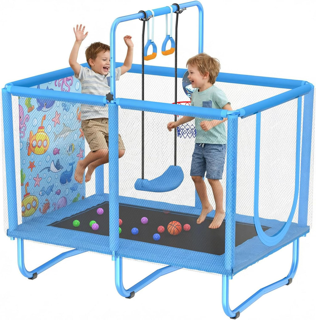 Mini Toddler Indoor Trampoline for Kids, Outdoor Toys Baby Kids Trampoline with Swing, Gymnastics Bar, Birthday Gifts for Boy Girl Age 1-8