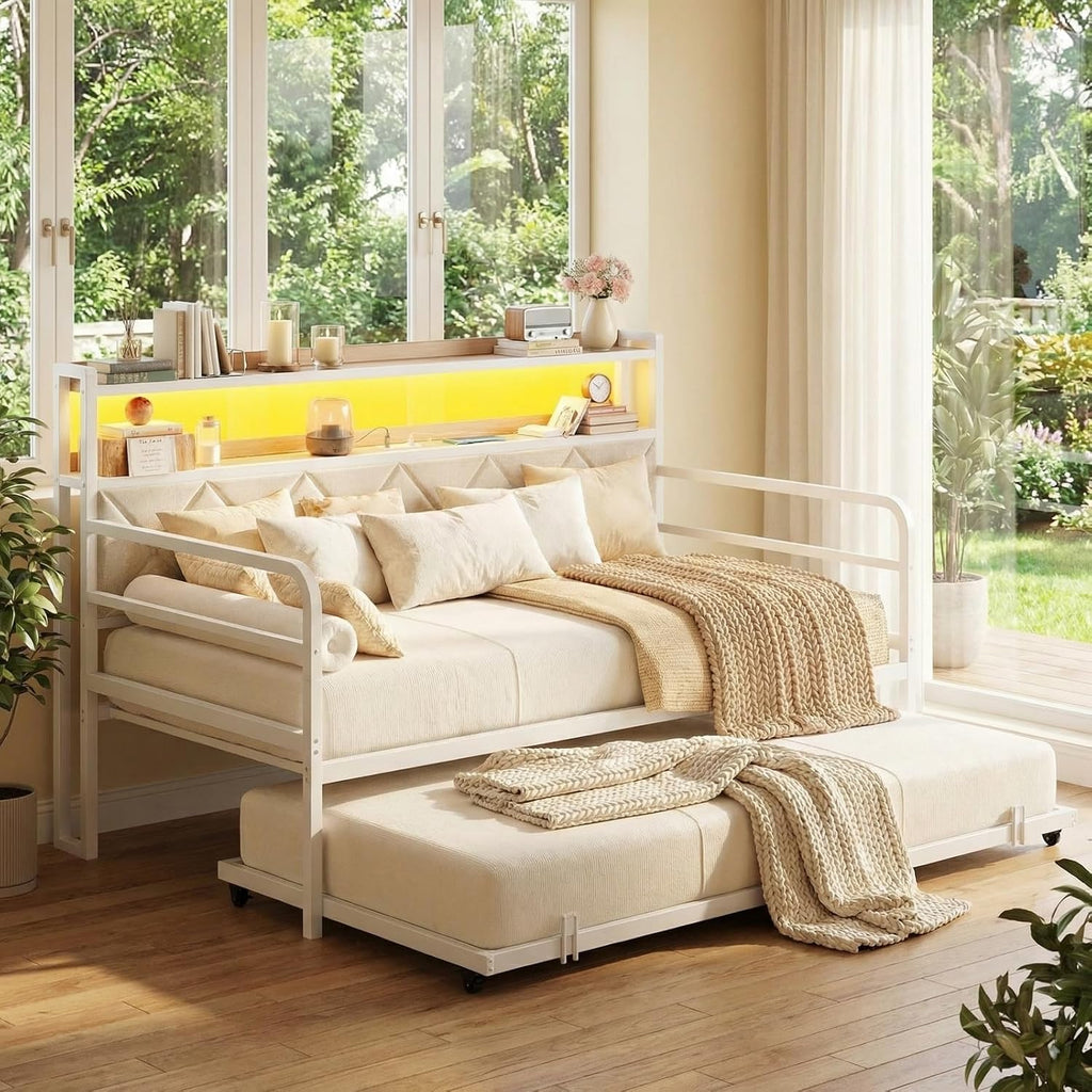 LIKIMIO Twin Daybed with Trundle, 700lbs Capacity, LED Lights & Charging Station, Twin Bed Frame with Storage, Convertible Sofa Bed for Bedroom, Living Room, White