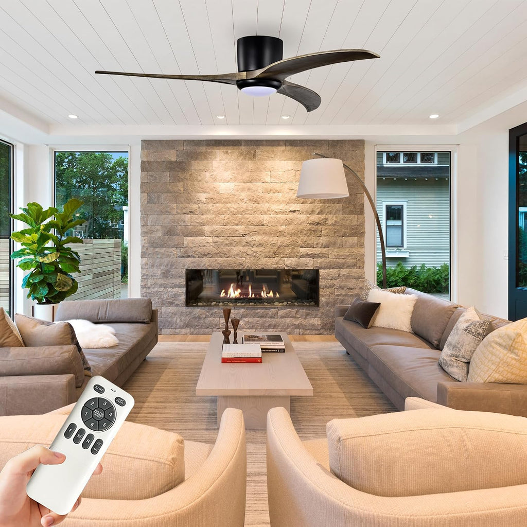 52'' Modern Dimmable Chandelier Fan with Light, Low Profile Flush Mount Ceiling Fan Wooden Fandelier with Remote Reversible DC Motor Ceiling Fan for Bedroom Living Room (Black)