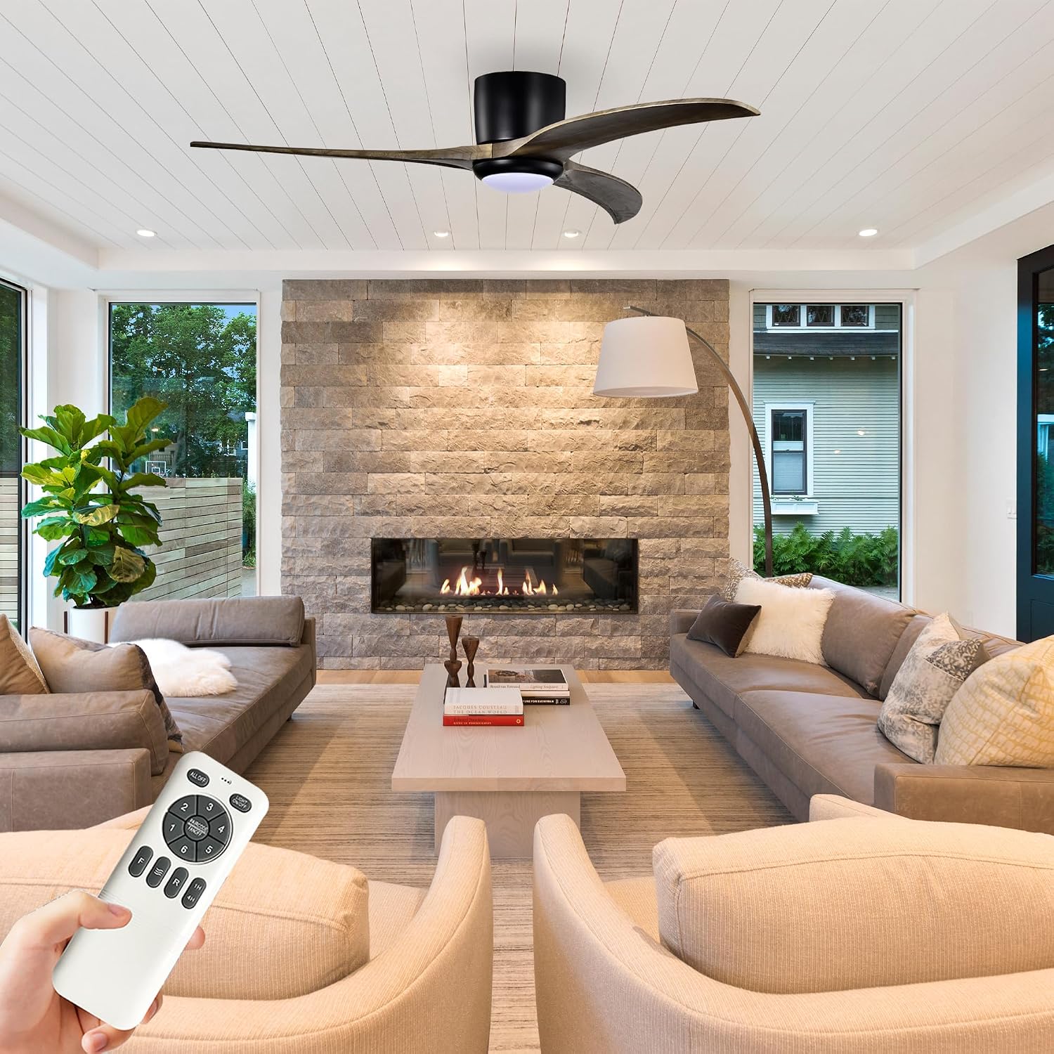 52'' Modern Dimmable Chandelier Fan with Light, Low Profile Flush Mount Ceiling Fan Wooden Fandelier with Remote Reversible DC Motor Ceiling Fan for Bedroom Living Room (Black)