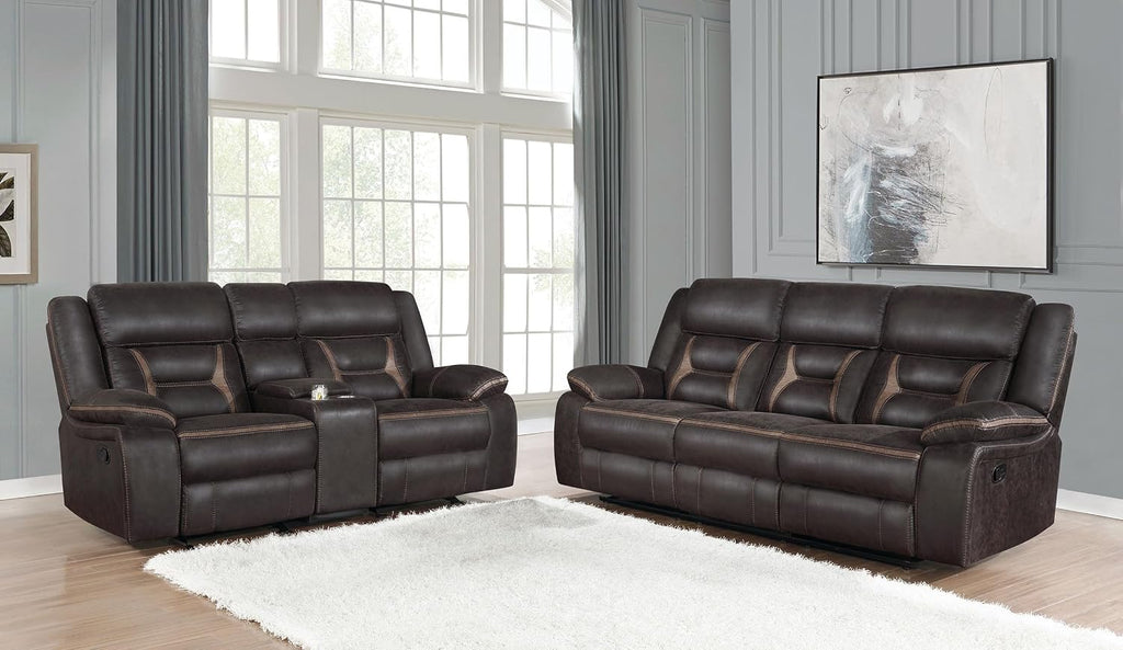 Coaster Home Furnishings - Greer - Leatherette Upholstered Reclining Sofa Set with Built-in Cupholders, Lift Top Storage Console, and Drop-Down Table - Living Room - Brown - 651354-S2