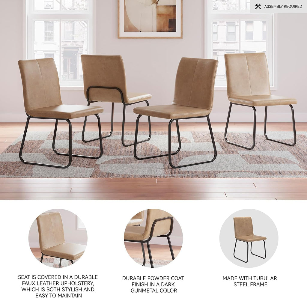 Signature Design by Ashley Pharwynn Casual Indoor Faux Leather Upholstered Armless Dining Chair with Sled Base, Set of 4, Light Brown & Black