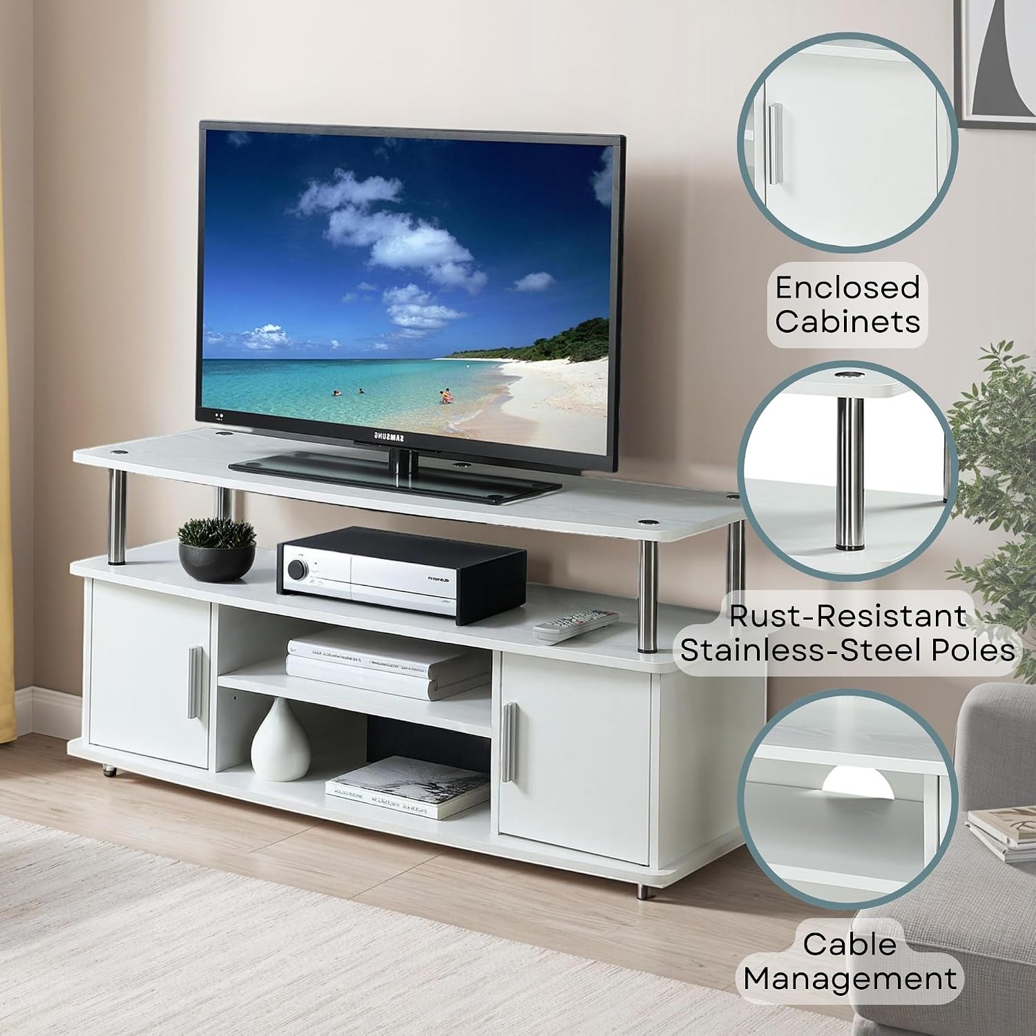 Convenience Concepts Designs2Go Monterey TV Stand 47.25' - Family Room Entertainment Center with Storage Cabinets and Shelves, Modern TV Console for Living Room, Office, White