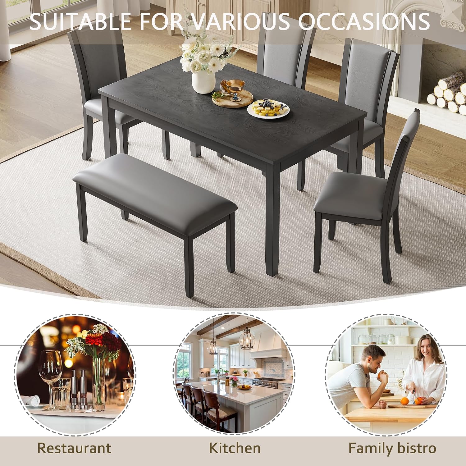 6-Piece Dining Table Set with Bench and Chairs - Solid Wood Kitchen Dining Room Table Set in Farmhouse Rustic Style, Table Set for 6 with 4 Chairs and Bench Seat.(Dark Gray_Large)