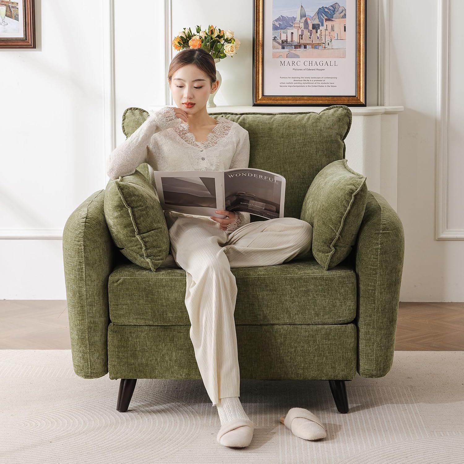 Rexulqo Oversized Accent Chair Set of 2,All Seats Storage,Comfy Armchair,24.5'' Deep Seat,Upholstered Living Room Chairs,Reading Chair for Bedroom,Office,Chenille,Green