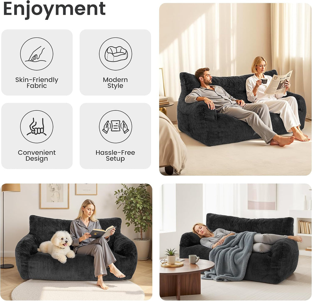 59' Bean Bag Chair,2 Seat Loveseat Sofa,Corduroy Lazy Sofa Bed for Adults,Fit Living Room, Bedroom,Outdoor Spaces,Ultra Soft Dutch Velvet,Fluffy Comfort Cover,Black