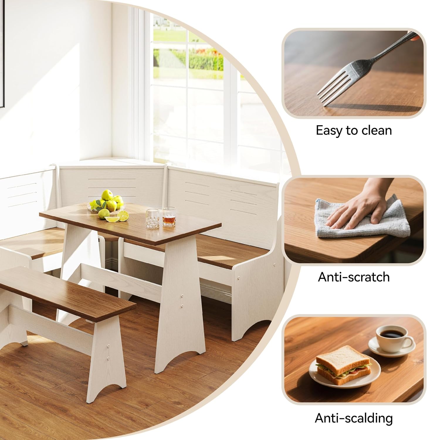 Breakfast Nook Kitchen Corner Dining Table Bench Chair Set, Hidden Storage Space-Saving 3-5 Seat L-Shape for Farmhouse Family Home White Brown Wood
