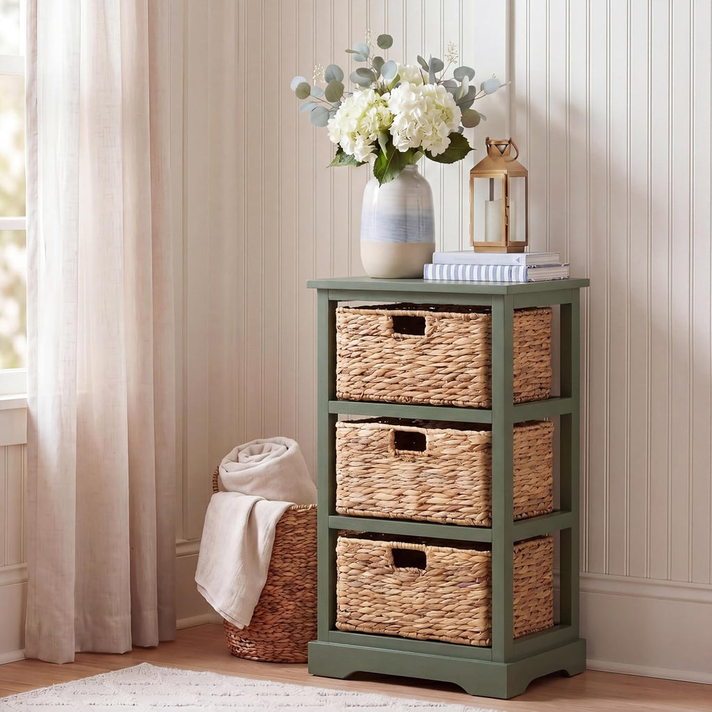 SAFAVIEH Furniture - Halle 3-Basket Side Table - Dusty Green - Solid Wood - Coastal Basket Storage Design - Ideal for Living Room, Entryway, 17.5' W x 13.5' D x 29.5' H - Fully Assembled (AMH5738J)