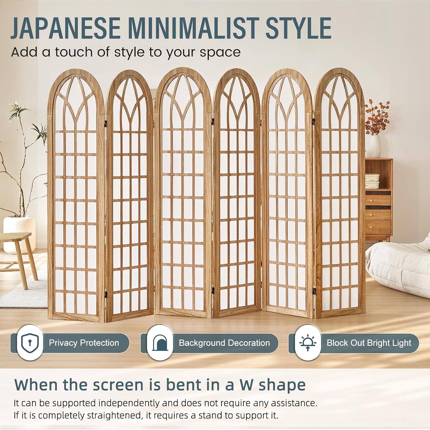 6 Panel Room Divider Wall Shoji Screen, Japanese Wood Room Divider for Room Separation, Folding Privacy Screen, Portable Room Partition for Home Office Restaurant - Natural
