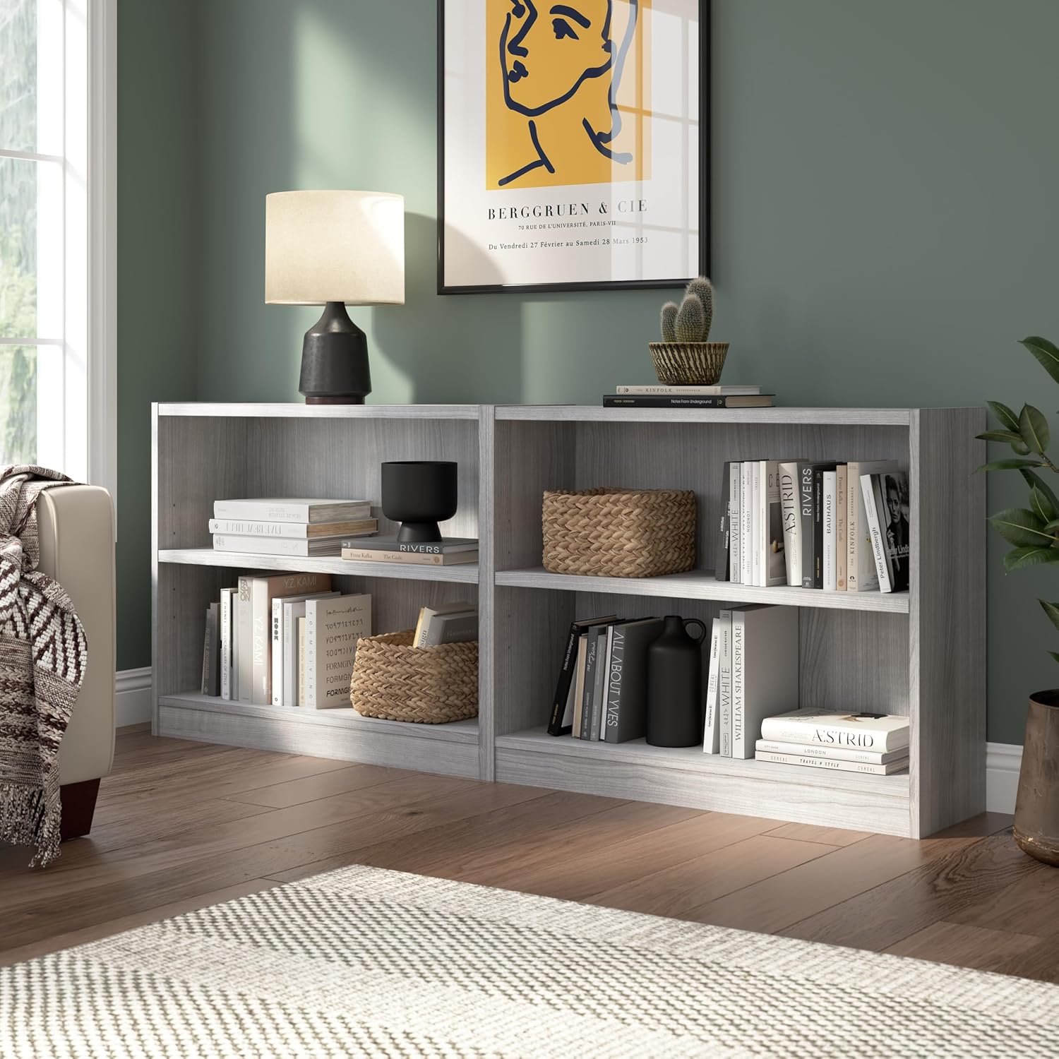Bush Furniture Universal Small 2 Shelf Bookcase in Platinum Gray - Set of 2, Matching Storage and Display Bookshelves for Home Office or Living Room Organization