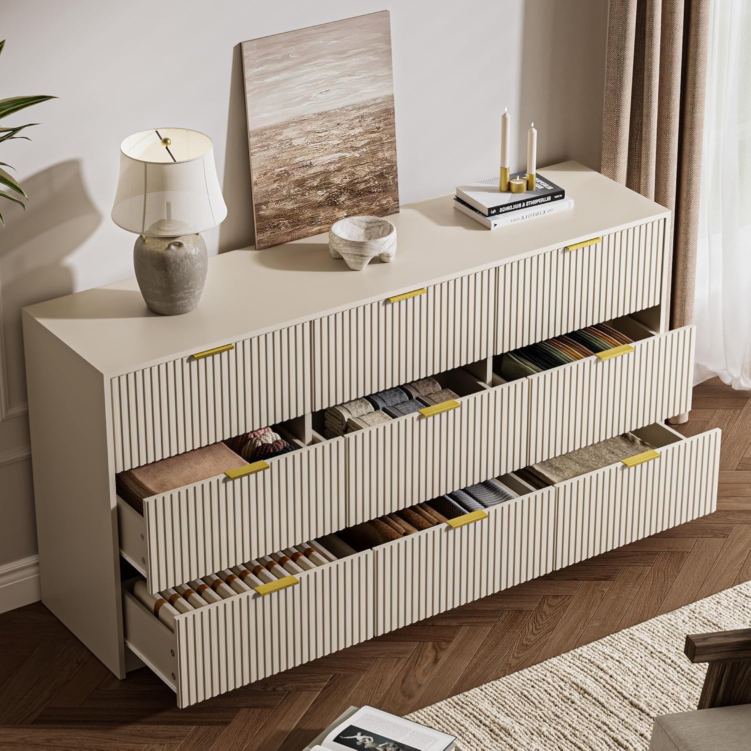 MAISONARIA Beige 9 Drawer Dresser for Bedroom, 63' Wide Modern Fluted Dresser with Gold Metal Handles, Chest of Drawers for Bedroom, Living Room, Entryway, Hallway