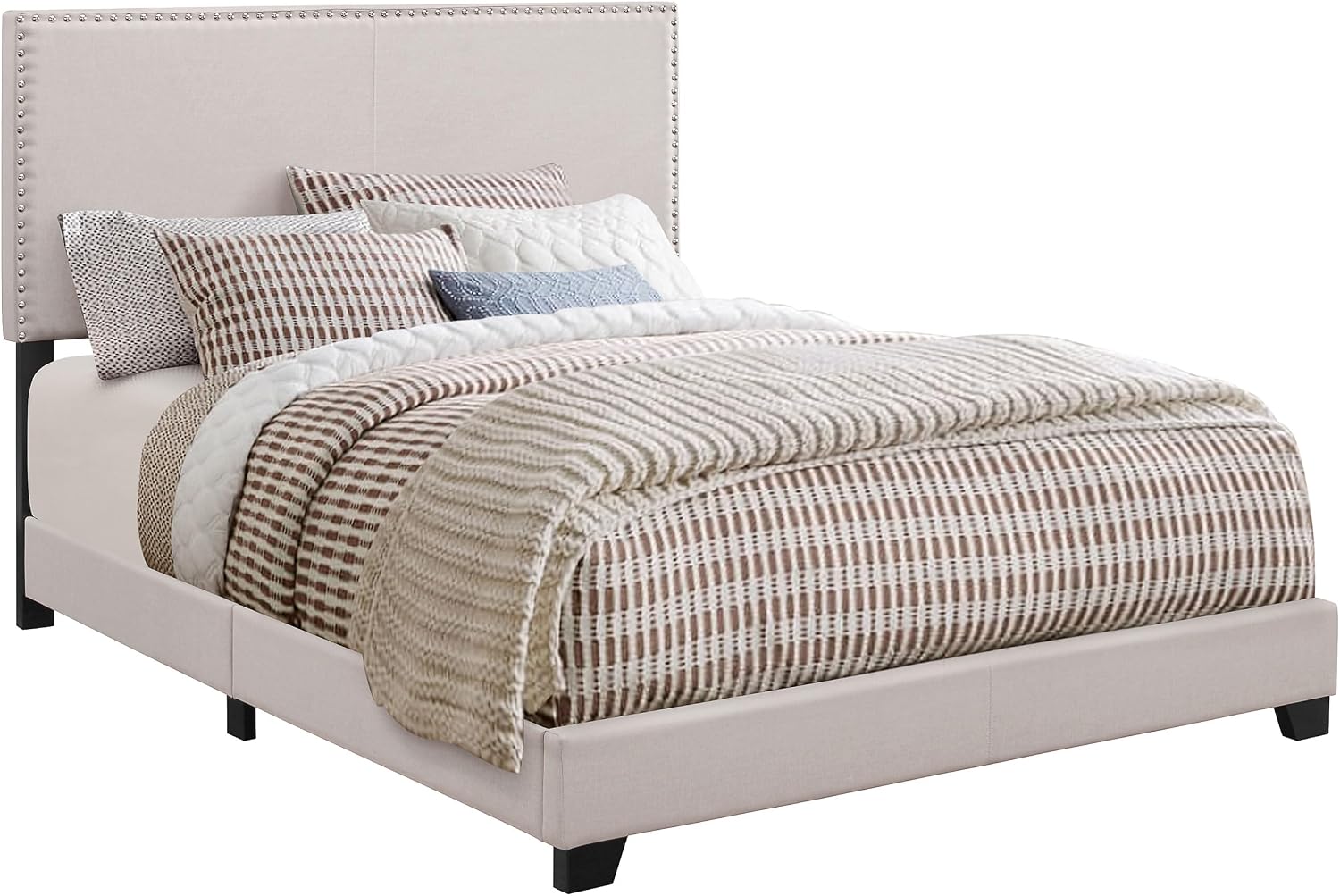 Coaster Home Furnishings - Boyd - Wood - Upholstered Panel Bed with Chrome Nailhead Trim, Open Frame and Transitional Design - Bedroom - California King Size - Ivory - 350051KW