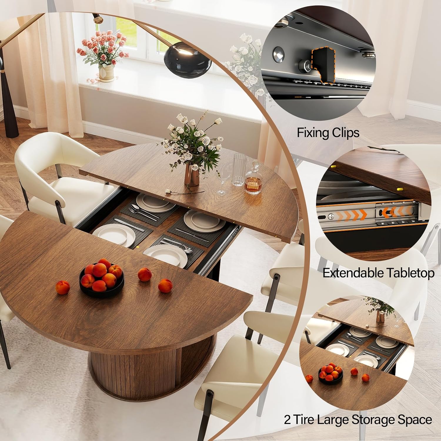 43-59 inch Extendable Round Dining Table with 2-Tier Hidden Storage Shelf,Space Saving Wood Kitchen Table for Small Spaces, Seats 4-6, Mid-Century Modern Oval Design, Brown
