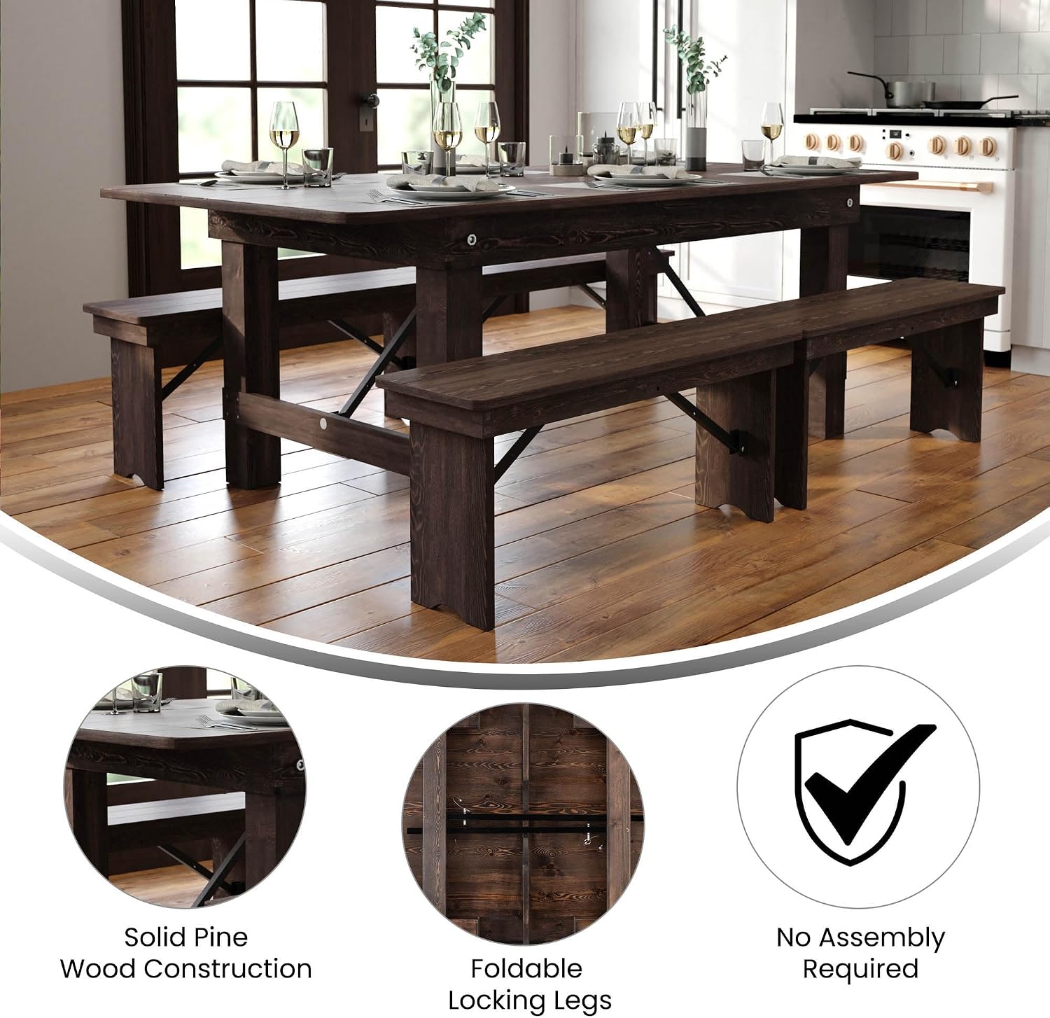 Flash Furniture HERCULES 7' x 40' Rectangular Antique Rustic Solid Pine Folding Farm Table, Mahogany