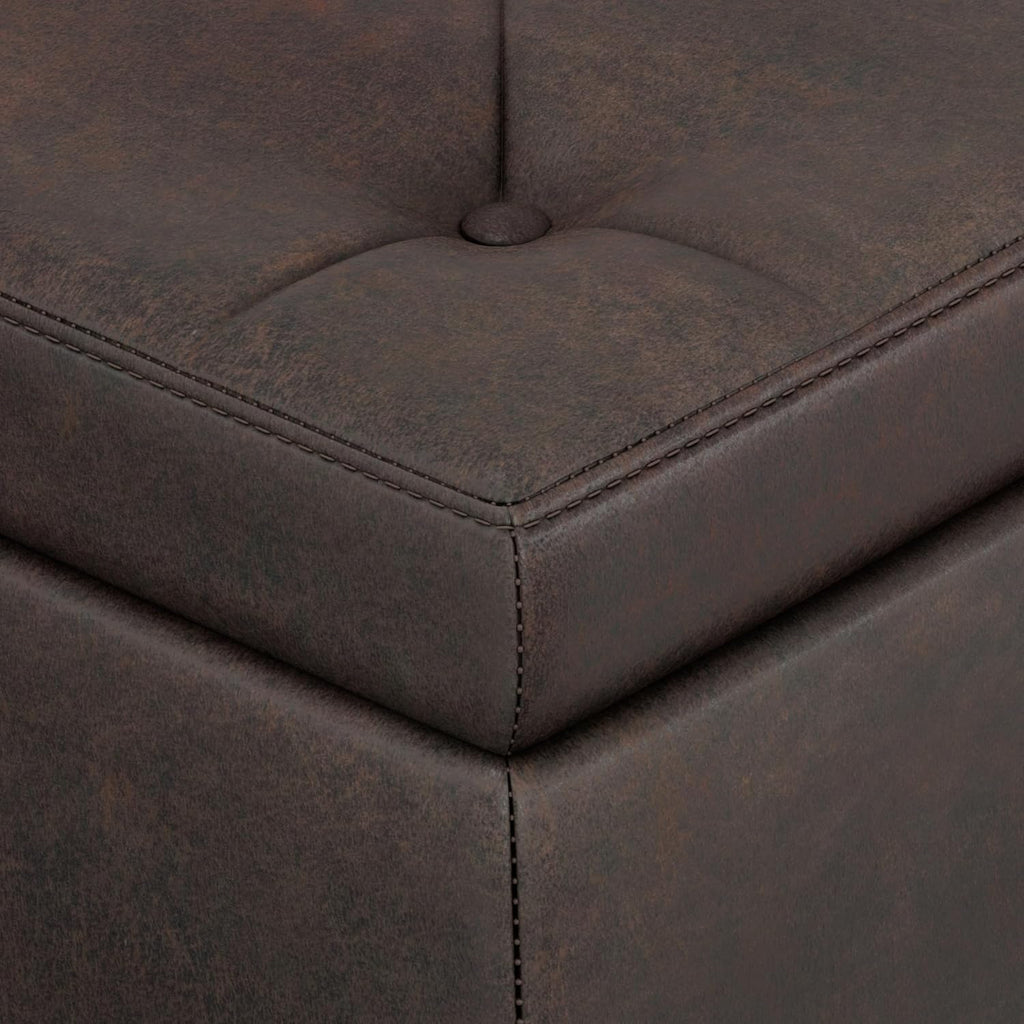 SIMPLIHOME Hamilton Storage Ottoman - 48 inch Wide Upholstered Vegan Leather Rectangle Storage Ottoman Bench in Distressed Brown, Traditional Tufted Ottoman for Living Room with Lift-Up Lid