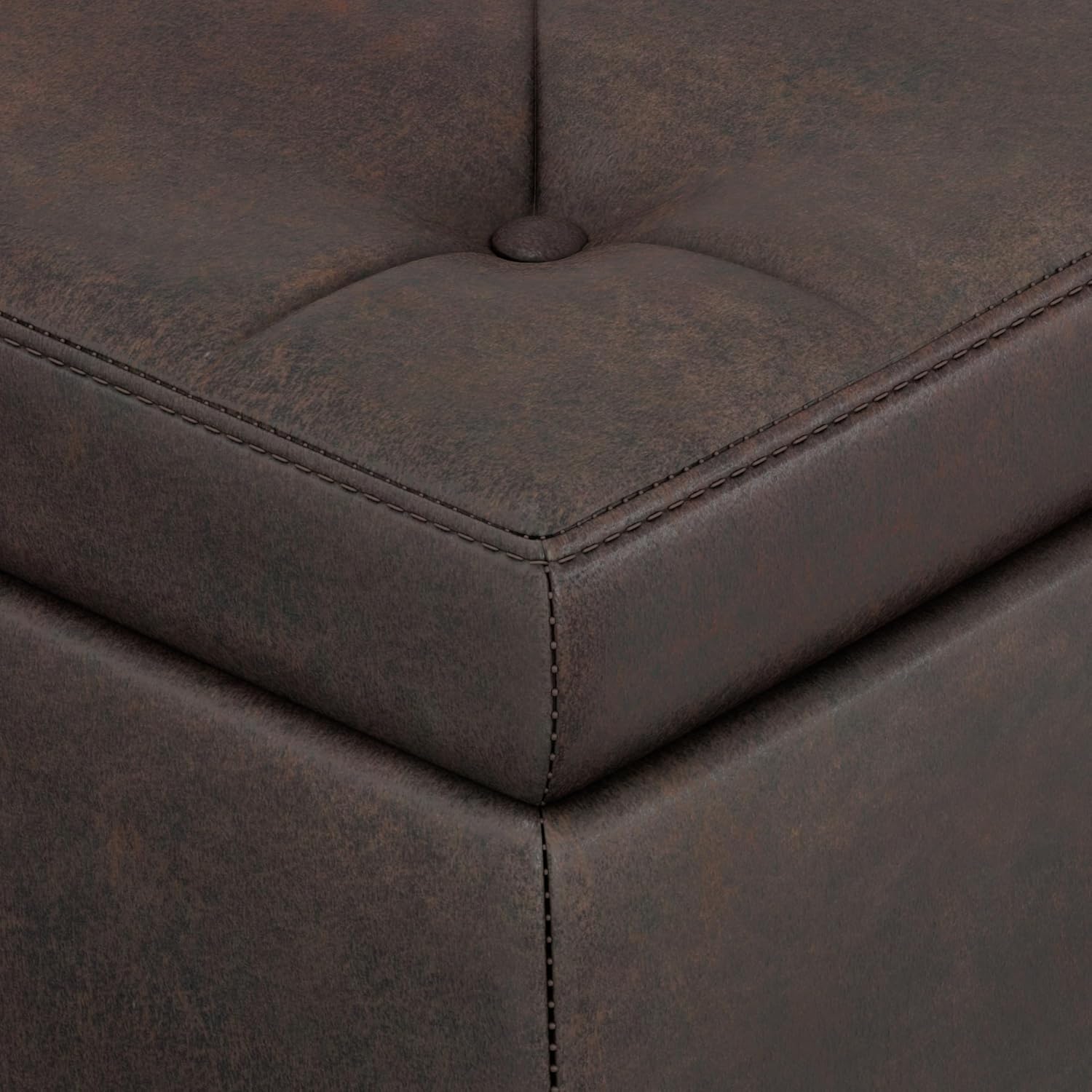 SIMPLIHOME Hamilton Storage Ottoman - 48 inch Wide Upholstered Vegan Leather Rectangle Storage Ottoman Bench in Distressed Brown, Traditional Tufted Ottoman for Living Room with Lift-Up Lid