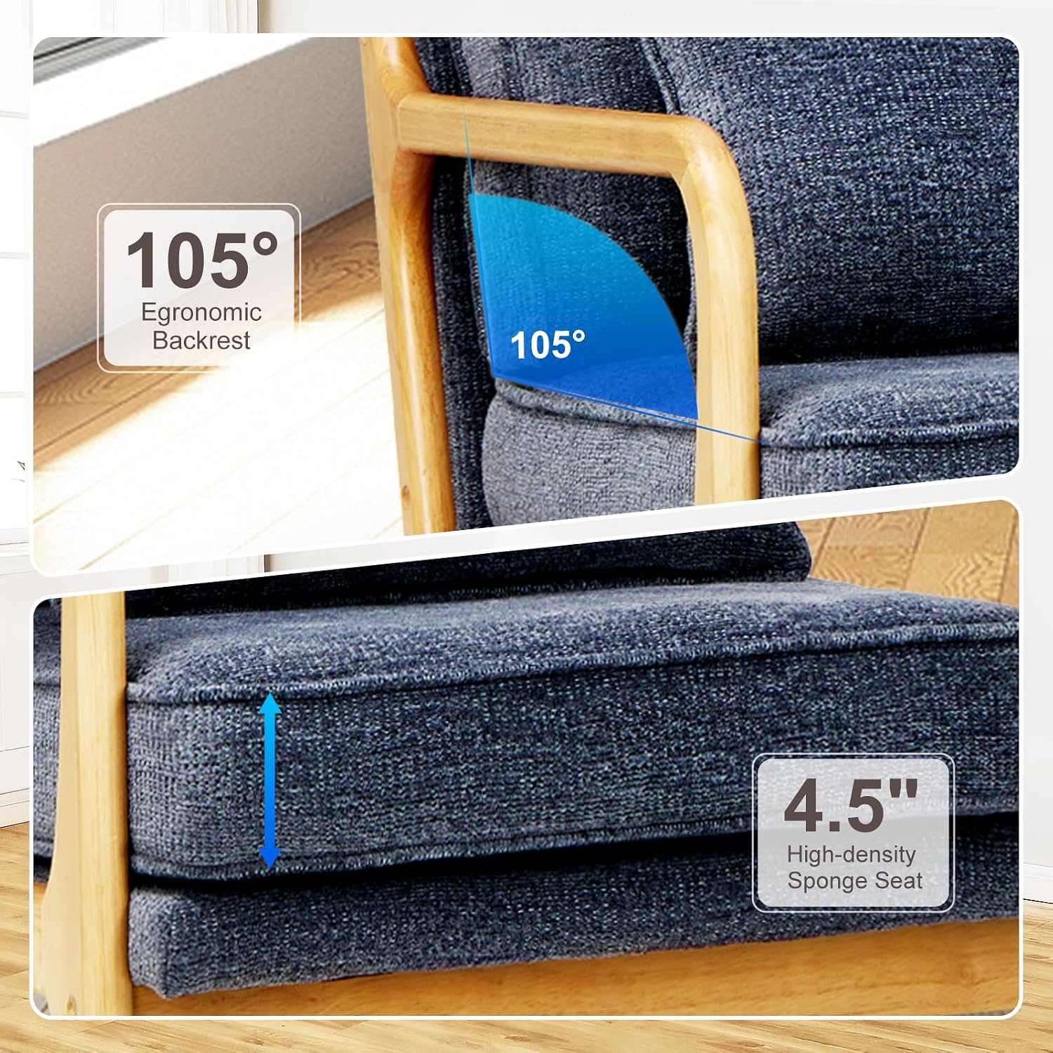 MALOL Modern Accent Chair Set of 2 with Lumbar Pillow, Relaxing Mid Century Chair Armchair with Solid Wood Frame & Soft Cushion, Reading Leisure Armchair for Living Room, Blue
