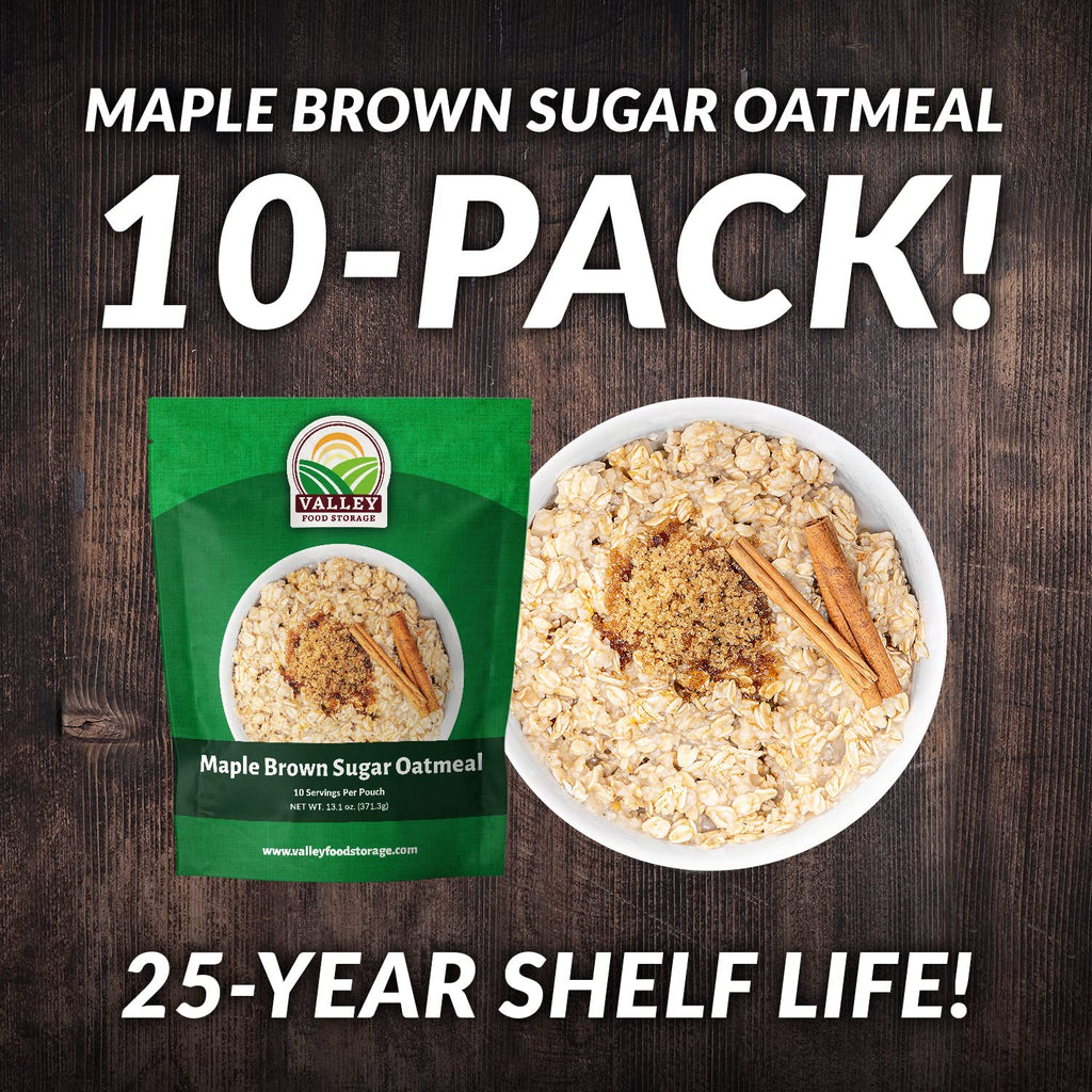 Valley Food Storage Maple Brown Sugar Oatmeal | 10-Bag Bucket, 100 Servings | Premium Emergency Food Supply, 25 Year Shelf Life | Survival Breakfast Food for Prepper Storage & Camping