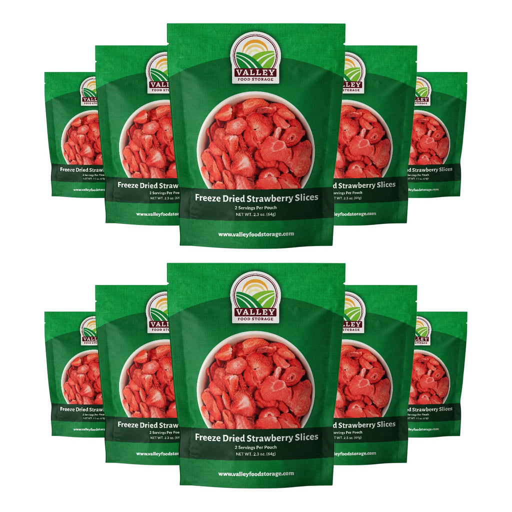 Valley Food Storage Freeze Dried Strawberries | Emergency Food Supply, 25 Year Shelf Life | Survival Food, Camping Snacks & Long Term Prepper Storage | Real Fruit, Packaged in USA (10 Bags + Bucket)