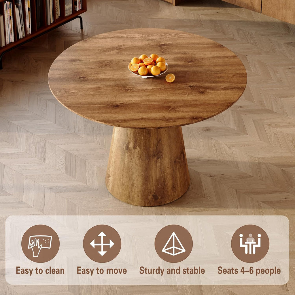 45'' Round Dining Table, Small Round Dining Room Table, One-Piece Tabletop and Stable Pedestal Base, Mid Century Modern Wood Dinner Table for Kitchen Dining Room, Apartment
